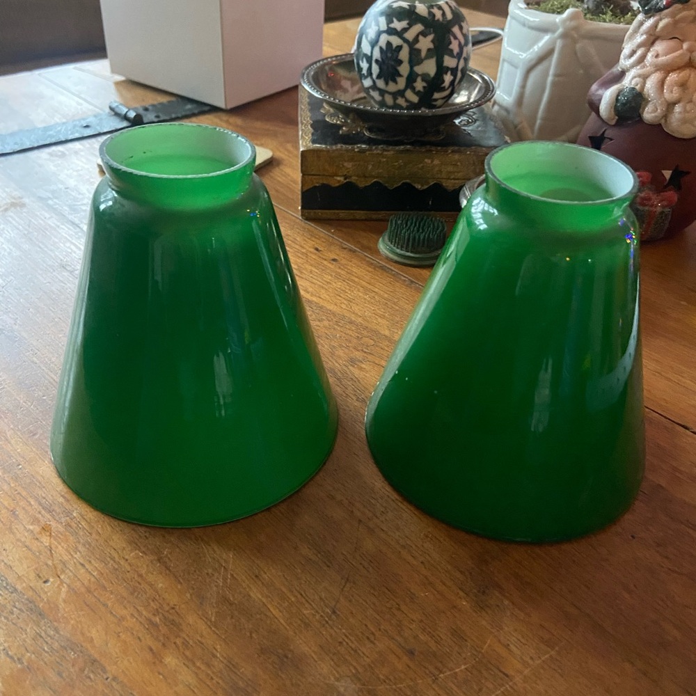 2 Vintage Green Cased Glass Dome Shaped Lamp Shades